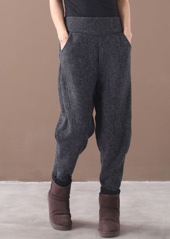 French Grey Pockets Patchwork Warm Fleece Pants Winter