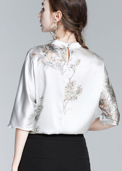 Elegant Silk Stand Collar Oriental Satin Shirt Top Half Sleeve Blouse