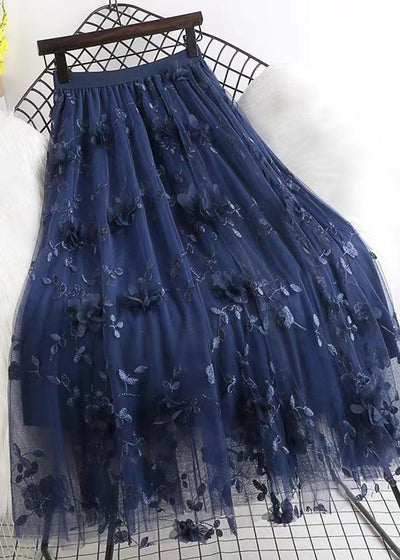 French Navy Wrinkled Embroideried Floral Decorated Tulle Skirts Spring