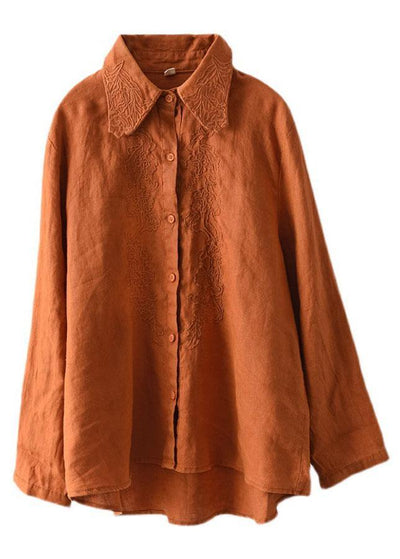French Orange Retro Peter Pan Collar Button Fall Linen Shirt Tops Long Sleeve