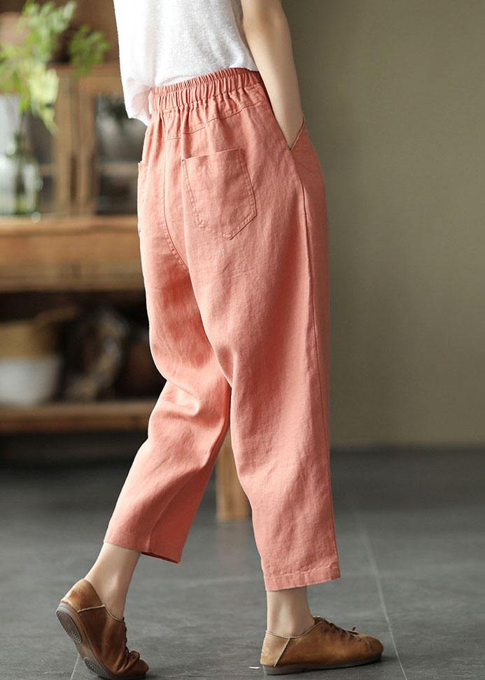 French Pink Casual Loose Patchwork Summer Linen Pants