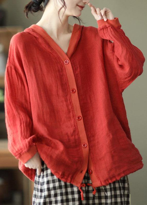 French Red Button hooded Ramie Long sleeve Shirt Tops