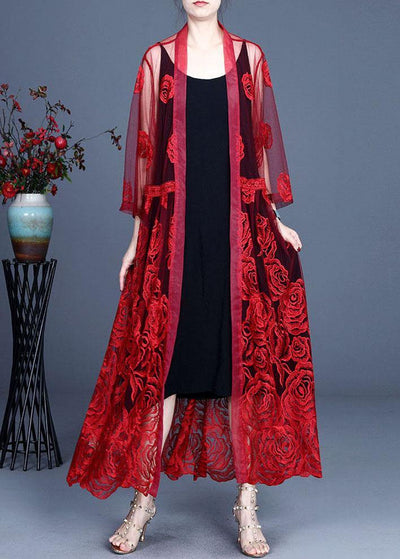 French Red Embroideried Tulle Cardigan Long