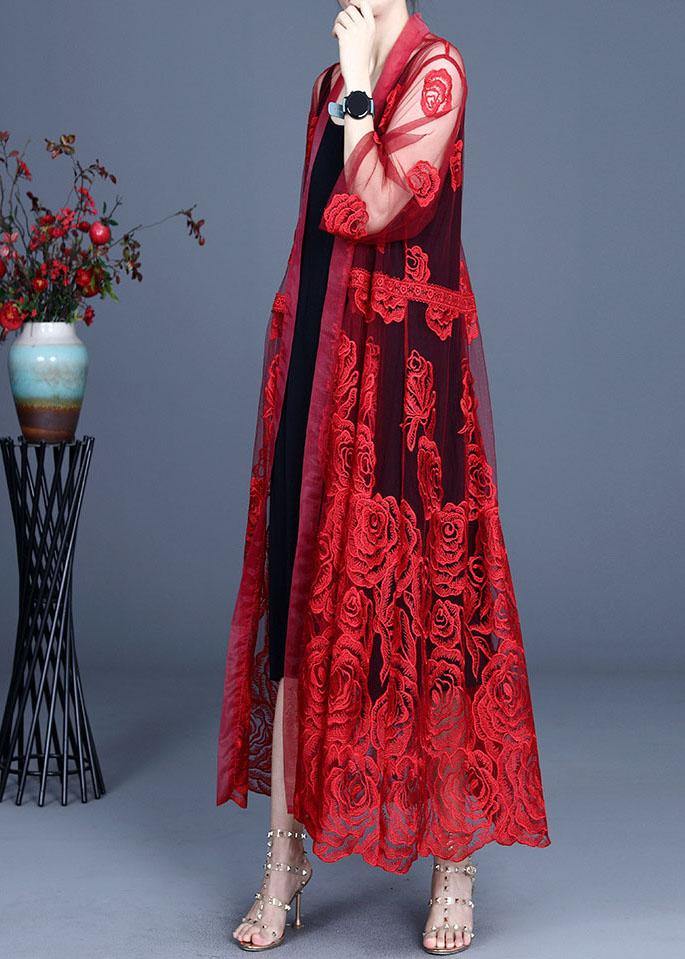 French Red Embroideried Tulle Cardigan Long