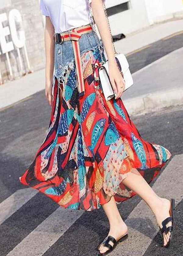 French Red Patchwork Print Chiffon Skirt Summer