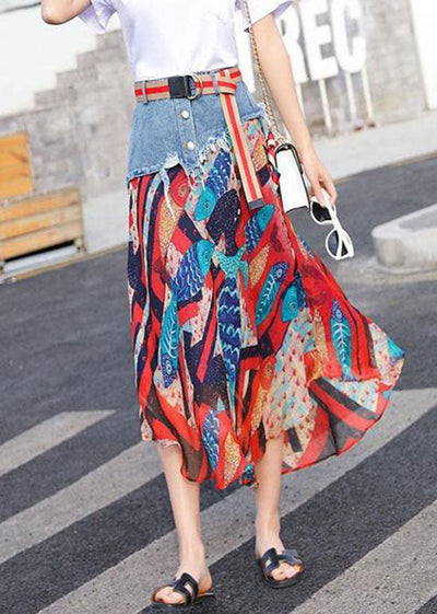 French Red Patchwork Print Chiffon Skirt Summer