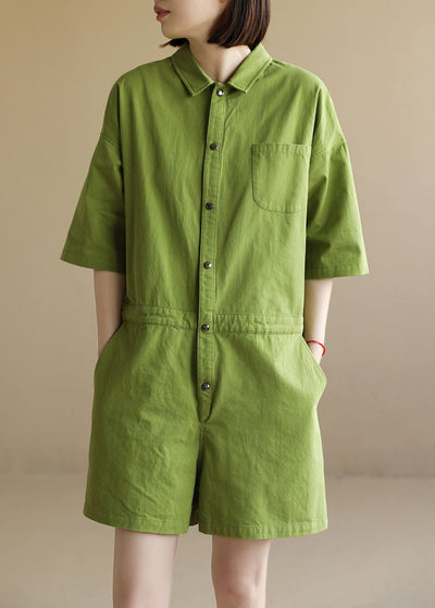 French Solid Green Button Peter Pan Collar Pocket Cotton Jumpsuit Half Sleeve