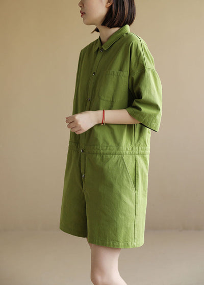 French Solid Green Button Peter Pan Collar Pocket Cotton Jumpsuit Half Sleeve
