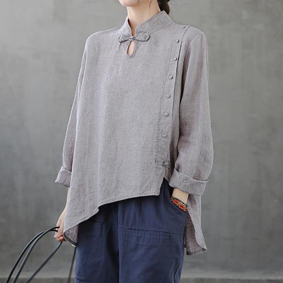 French stand collar asymmetric tops women Cotton gray shirts