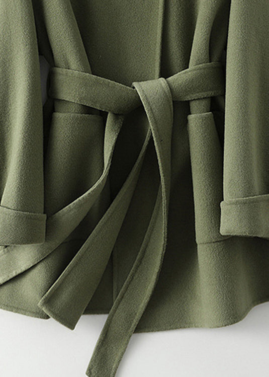 Green Peter Pan Collar Tie Waist Woolen Coats Fall