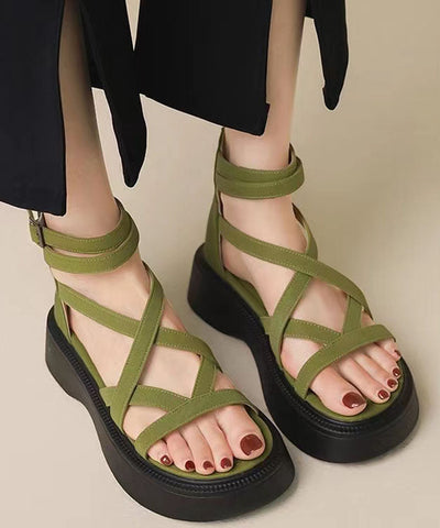 Green Sandals Platform Faux Leather Handmade Splicing Cross Strap