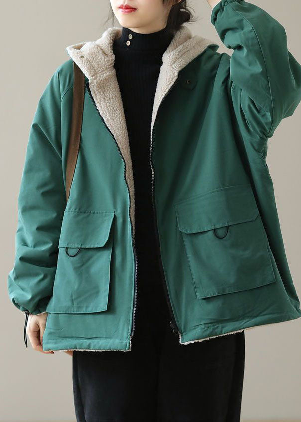 Green Warm Cotton Hooded Loose Coats Fuzzy Wool Lined Zip Up Winter
