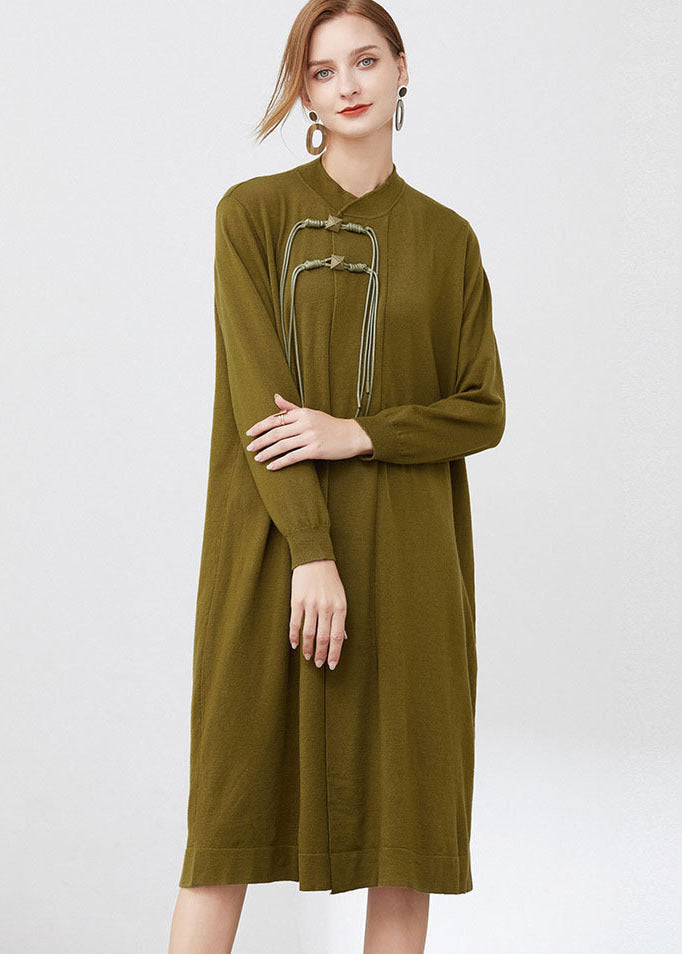 Green Wool Knit Long Dresses Stand Collar Tassel Long Sleeve