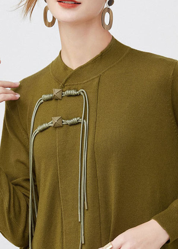 Green Wool Knit Long Dresses Stand Collar Tassel Long Sleeve