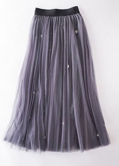 Grey Nail bead Patchwork Tulle Skirt Wrinkled Spring