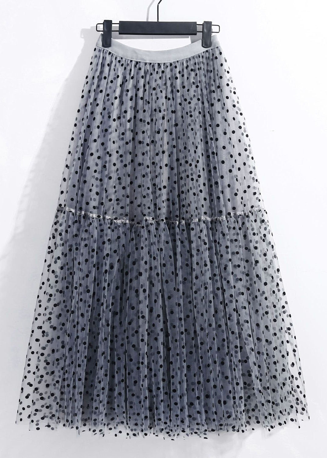 Grey Patchwork Tulle Skirt Wrinkled Elastic Waist Spring
