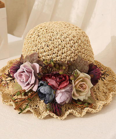 Handmade Beige Ruffled Straw Woven Floral Holiday Bucket Hat