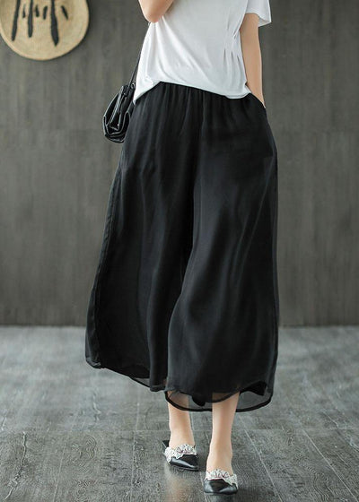 Handmade Black Elastic Waist Retro Wide Leg Crop Pants