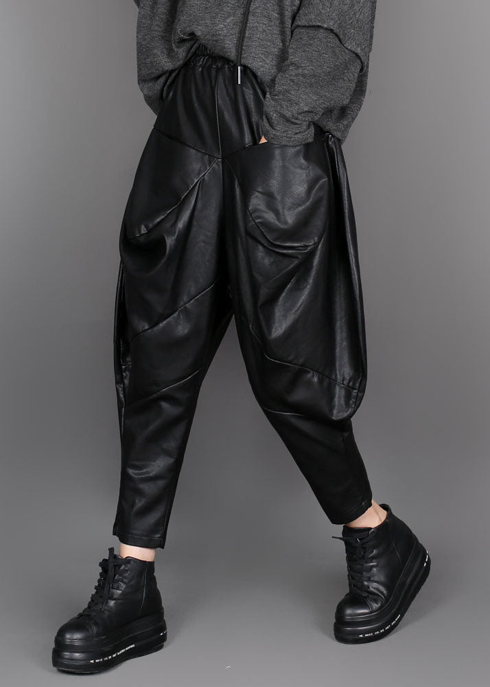 Handmade Black fashion Patchwork Faux Leather Pants Winter