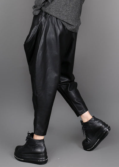 Handmade Black fashion Patchwork Faux Leather Pants Winter