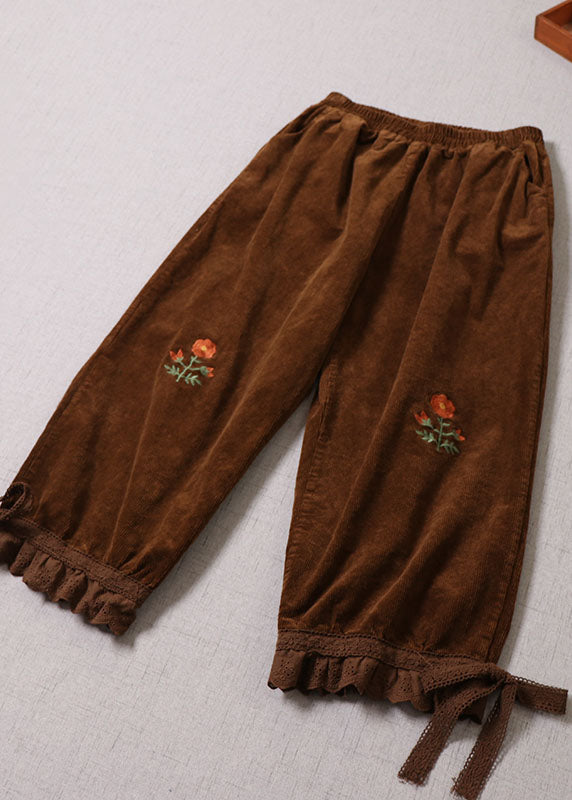 Handmade Chocolate Embroideried Lace Patchwork Corduroy Pants Winter