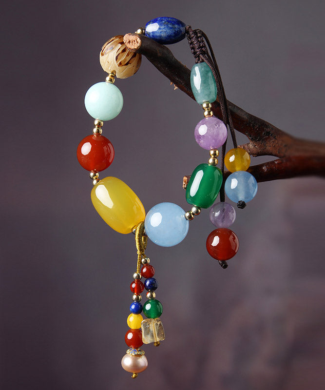 Handmade Colorblock Jade Pearl Agete Gem Stone Crystal Chalcedony Charm Bracelet