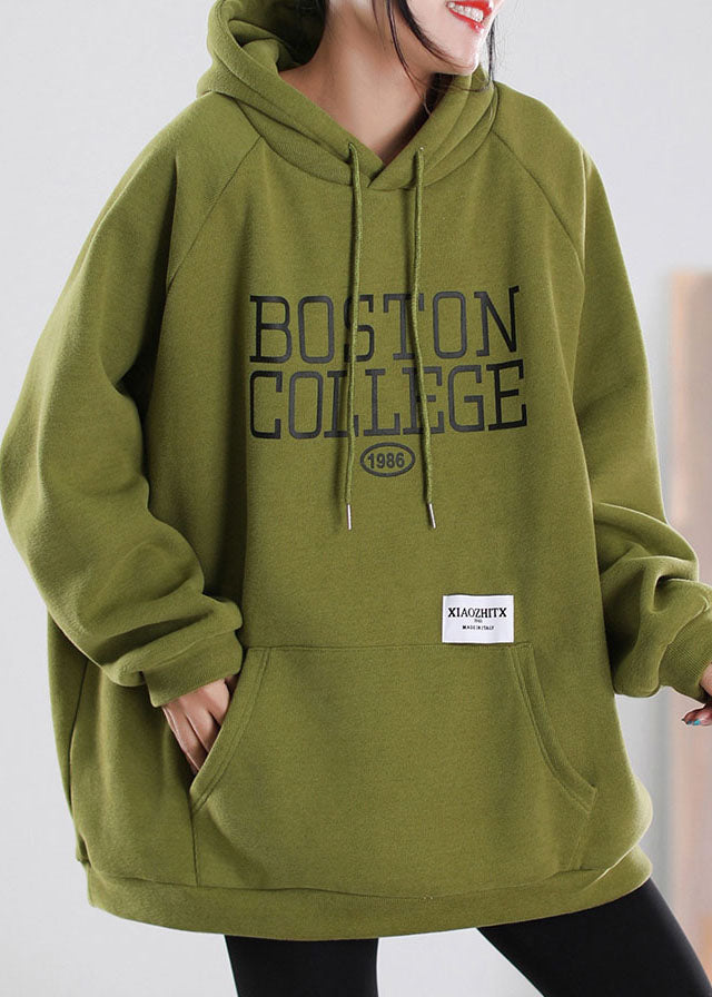 Handmade Green drawstring Graphic Warm Fleece Sweatshirts Tracksuits Winter