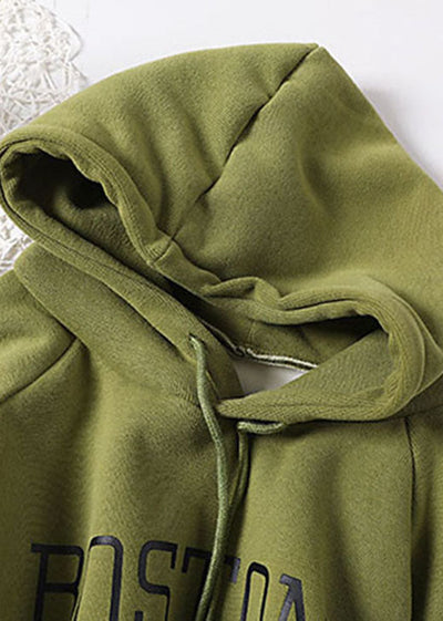 Handmade Green drawstring Graphic Warm Fleece Sweatshirts Tracksuits Winter