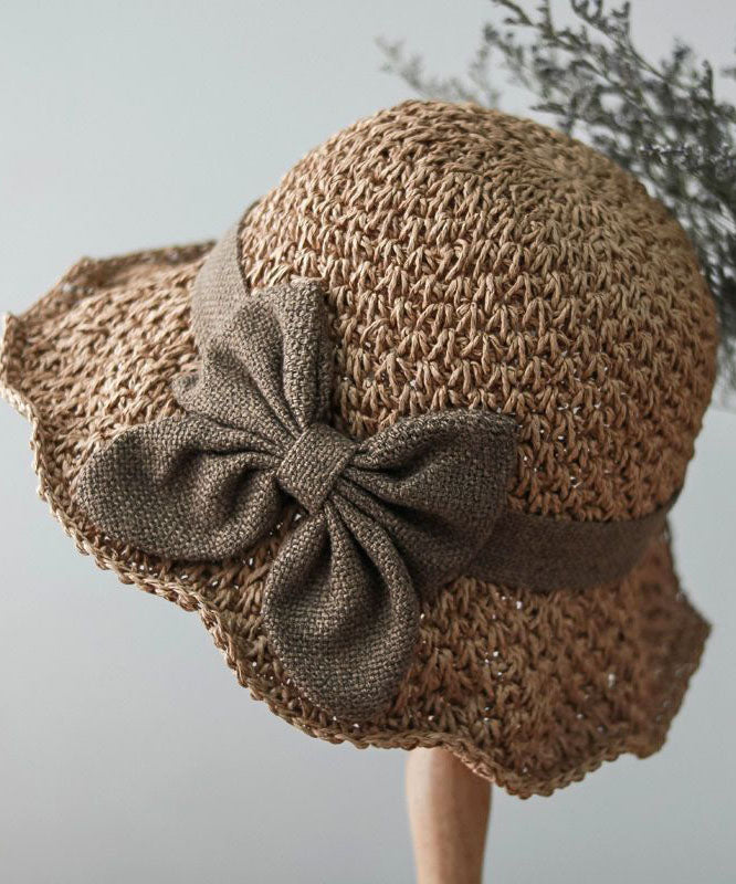 Handmade Khaki Bow Straw Woven Bucket Hat