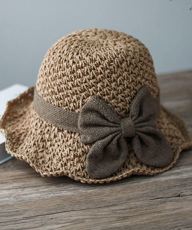 Handmade Khaki Bow Straw Woven Bucket Hat