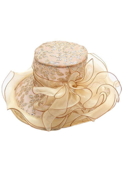 Handmade Khaki Zircon Chiffon Patchwork Floral Tulle Floppy Sun Hat