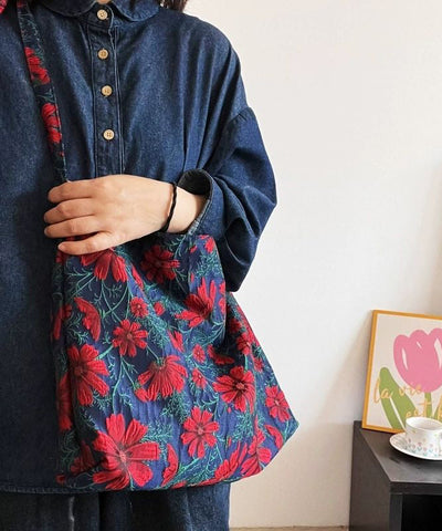 Handmade Navy Galsang Flower Jacquard Canvas Satchel Handbag