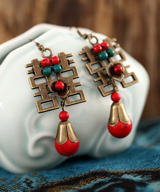 Handmade Original Chinese Style Double Happiness Lingmen Drop Earrings