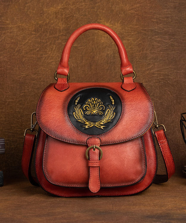 Handmade Red Oriental Paitings Calf Leather Messenger Bag