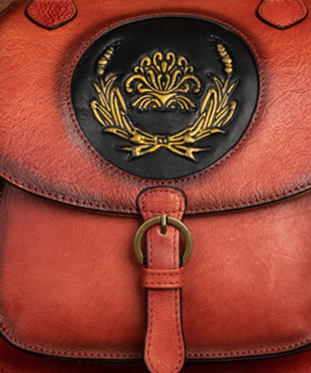 Handmade Red Oriental Paitings Calf Leather Messenger Bag