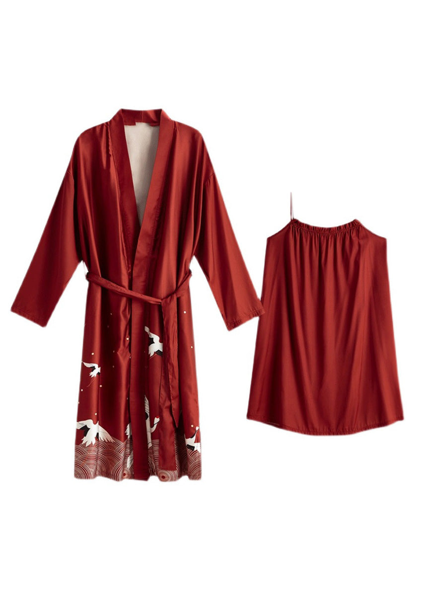 Handmade Red V Neck Print Tie Waist Ice Silk Robe And Vest Two Piece Set Spring