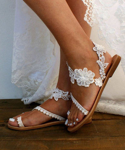 Handmade White Lace Fabric Walking Sandals Cross Strap Flats Sandals