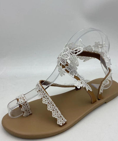 Handmade White Lace Fabric Walking Sandals Cross Strap Flats Sandals