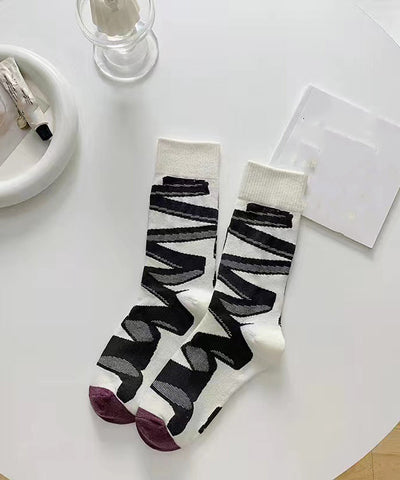 Handmade White Striped Mid Calf Socks