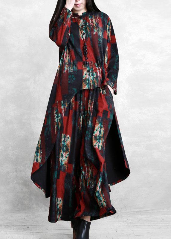 Irregular red print suit women pleated casual two-piece suit