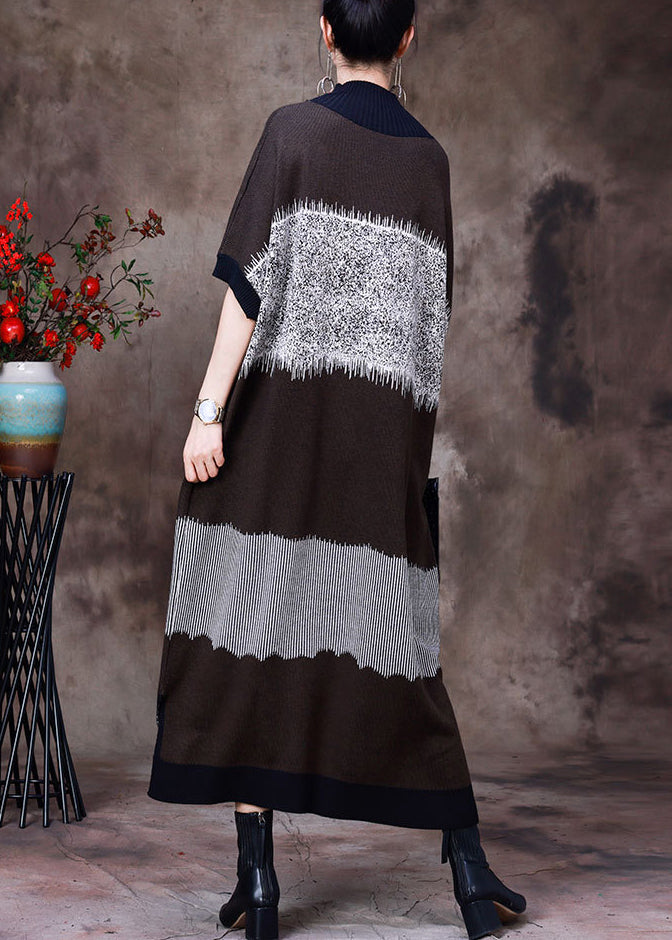 Italian Black Stand Collar Side Open Pockets Wool Patchwork Knit Vacation Dresses Long Sleeve