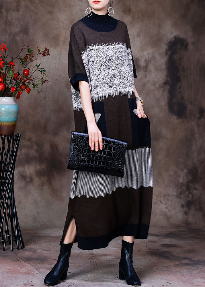 Italian Black Stand Collar Side Open Pockets Wool Patchwork Knit Vacation Dresses Long Sleeve