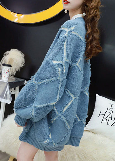 Italian Blue Oversized Patchwork Tassel Warm Knit Cardigans Winter