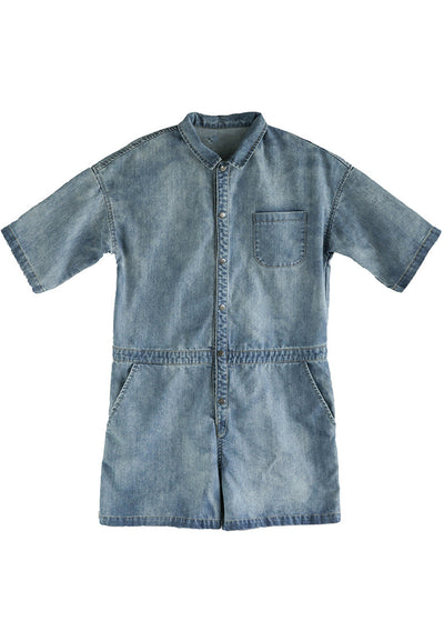 Italian Denim Blue Button Peter Pan Collar Pocket Cotton Jumpsuits Summer