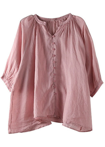 Italian Pink V Neck Button Loose Fall Half Sleeve Blouse Top