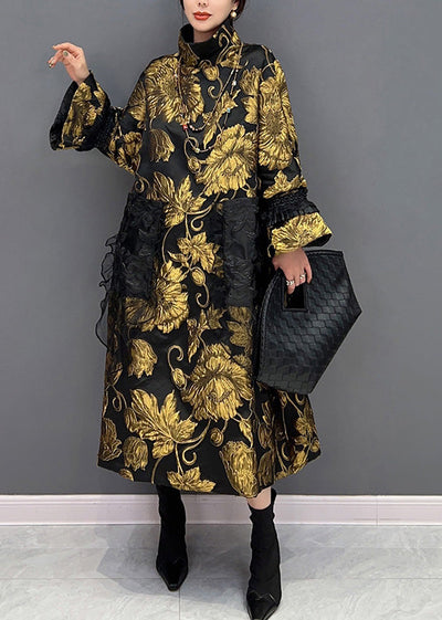 Jacquard Black Patchwork Yellow Tulle Button Thick Long Coats Winter