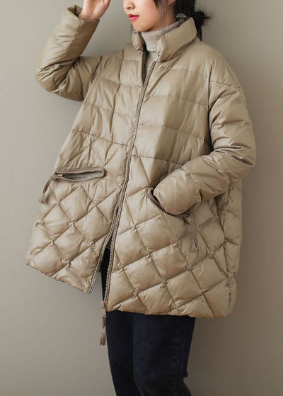 Khaki Fine Cotton Filled Parkaer Stand Collar Zip Up Solid Winter