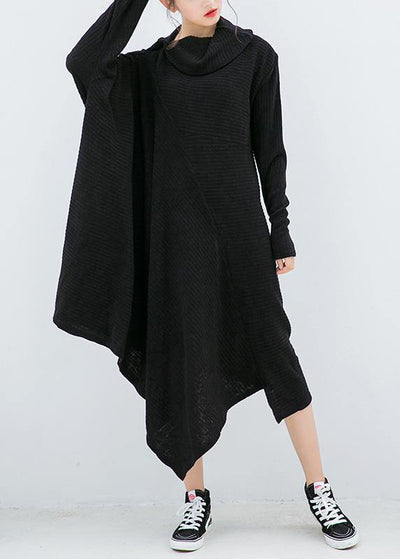 Knitted black Sweater dresses Design asymmetric Big high neck knitted tops
