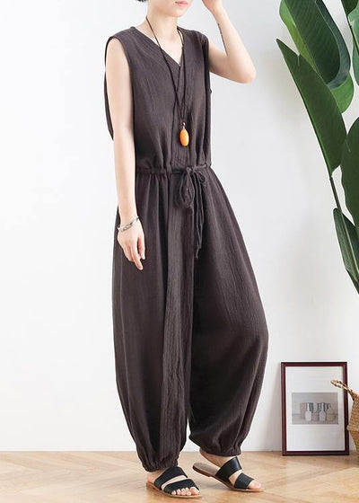 Korean version of the thin wide-leg jumpsuit female summer cotton and linen loose fashion chocolate nine points jumpsuit