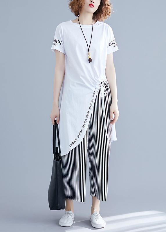 Korean women's short-sleeved T-shirt casual striped wide-leg pants suit
